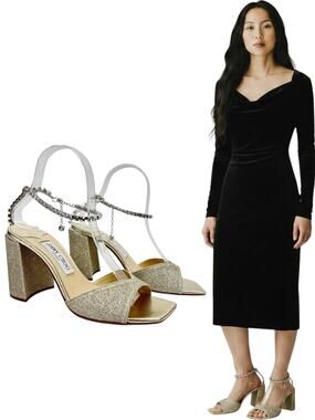 New Jimmy Choo Saeda Block Heel Glitter Crystals Sandals Platinum Size 38